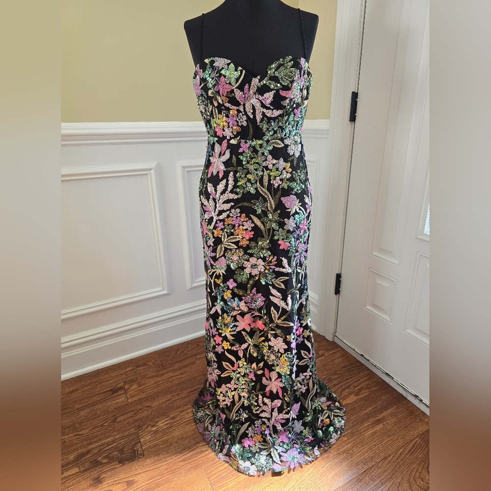 Mac Duggal Floral Sequined Black Gown